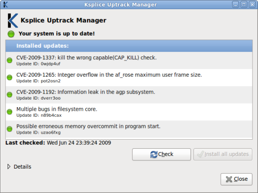 Ksplice Uptrack screenshot: your system is up to date