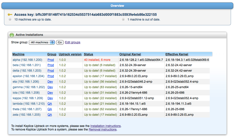 Ksplice Uptrack screenshot: System status page